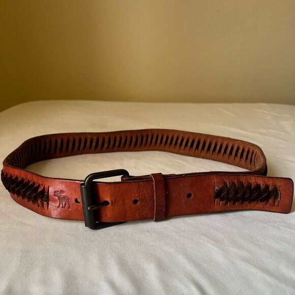 Vintage Y2K Brown Leather Belt Velour Stitching Roller Buckle Casual Boho 34 - Picture 1 of 8